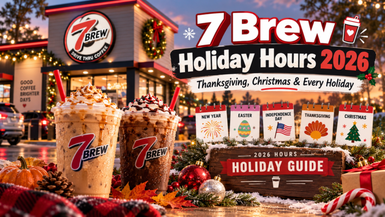7 Brew holiday hours 2026 guide showing New Year, Easter, Independence Day, Thanksgiving and Christmas