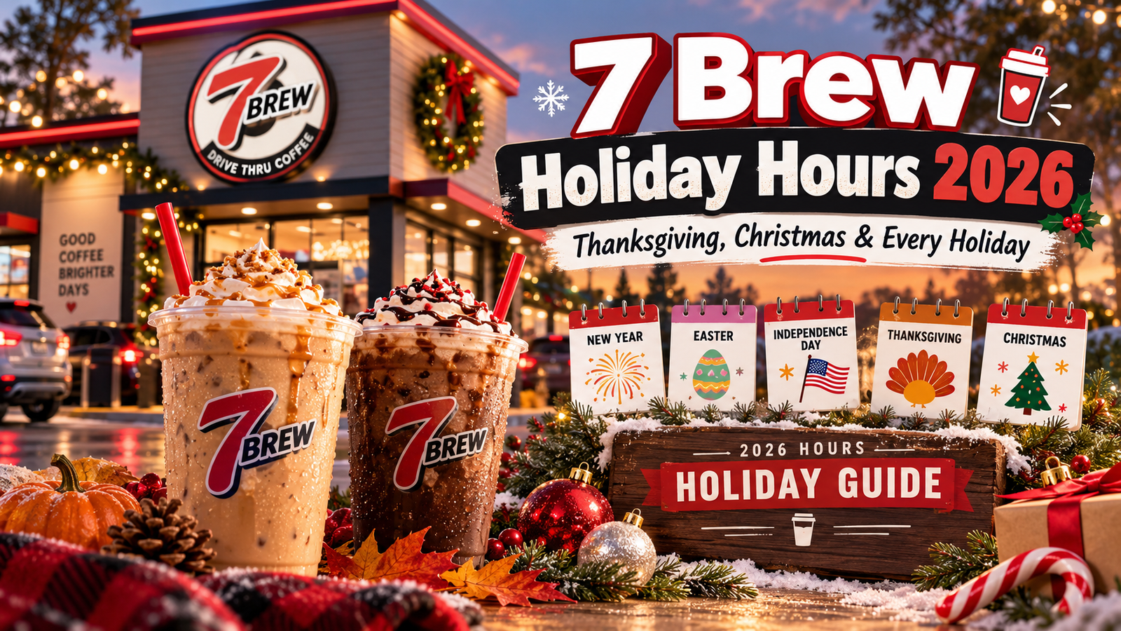7 Brew holiday hours 2026 guide showing New Year, Easter, Independence Day, Thanksgiving and Christmas