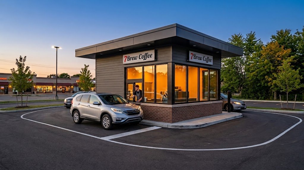 Drive-thru coffee stand at dusk, like the 7 Brew at 815 24th Street in Port Huron MI