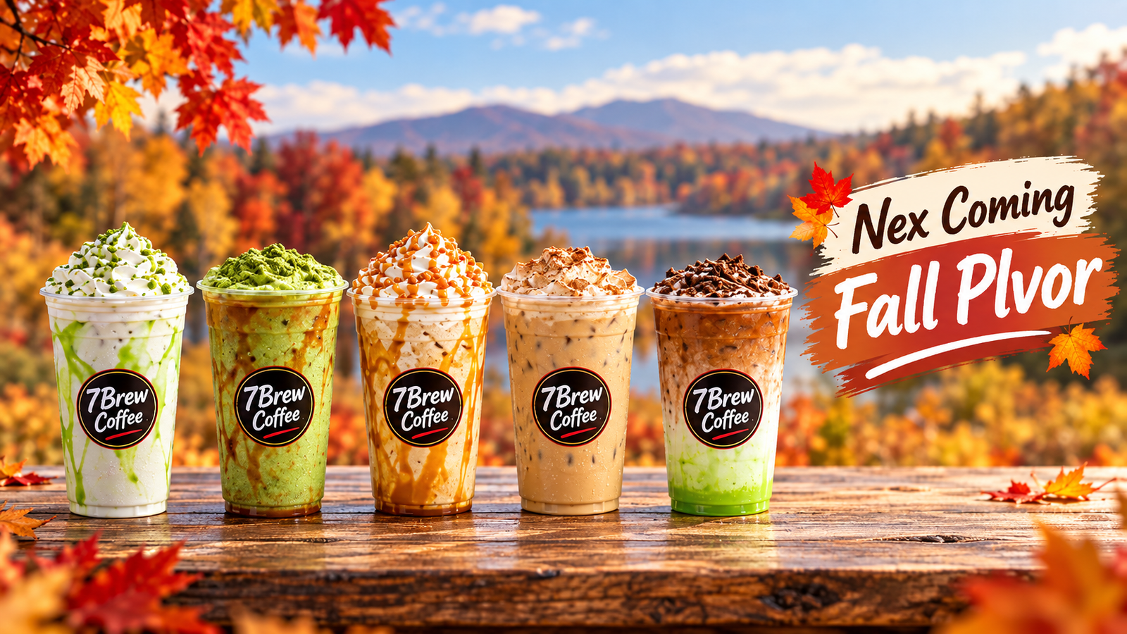 Home 1 7 Brew fall menu 2026 with all five drinks and prices: Original Pumpkin Blondie Breve, Pumpkin Roll Shake, Apple Butter Chai, Caramel Apple Pie Macchiato and Drizzled Apple 7 Brew Energy Frozen Chiller