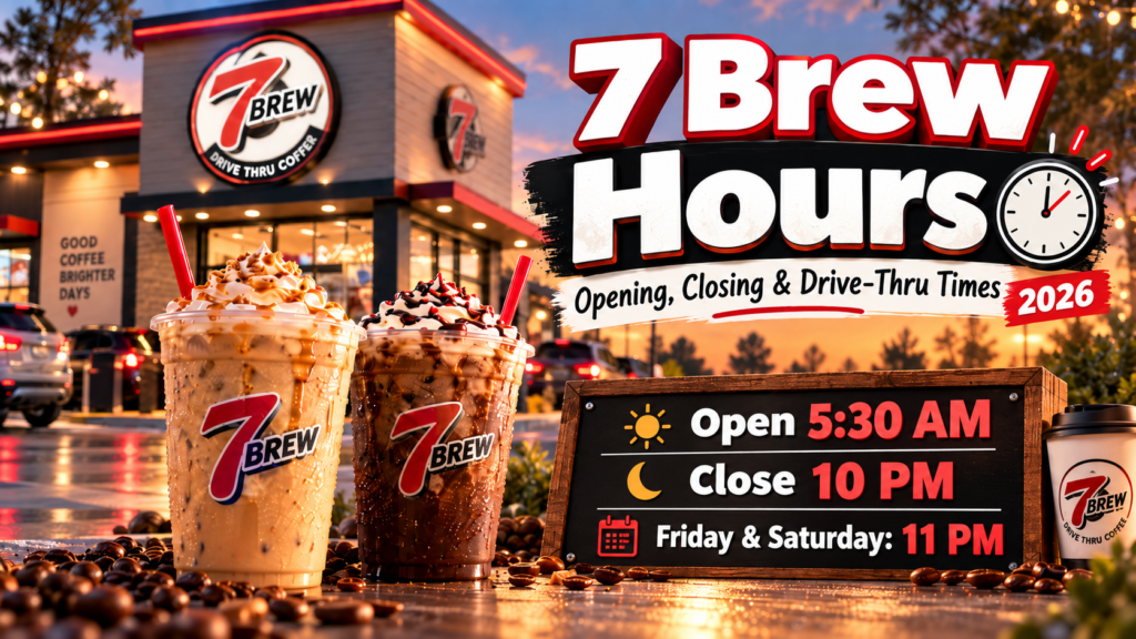 7 Brew hours: open 5:30 AM, close 10 PM (11 PM Friday and Saturday)