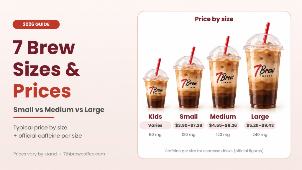 7 Brew sizes and prices: Kids, Small, Medium and Large with typical price ranges