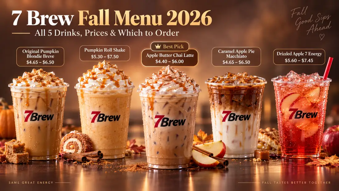 7 Brew fall menu 2026 with all five drinks and prices: Original Pumpkin Blondie Breve, Pumpkin Roll Shake, Apple Butter Chai, Caramel Apple Pie Macchiato and Drizzled Apple 7 Brew Energy Frozen Chiller