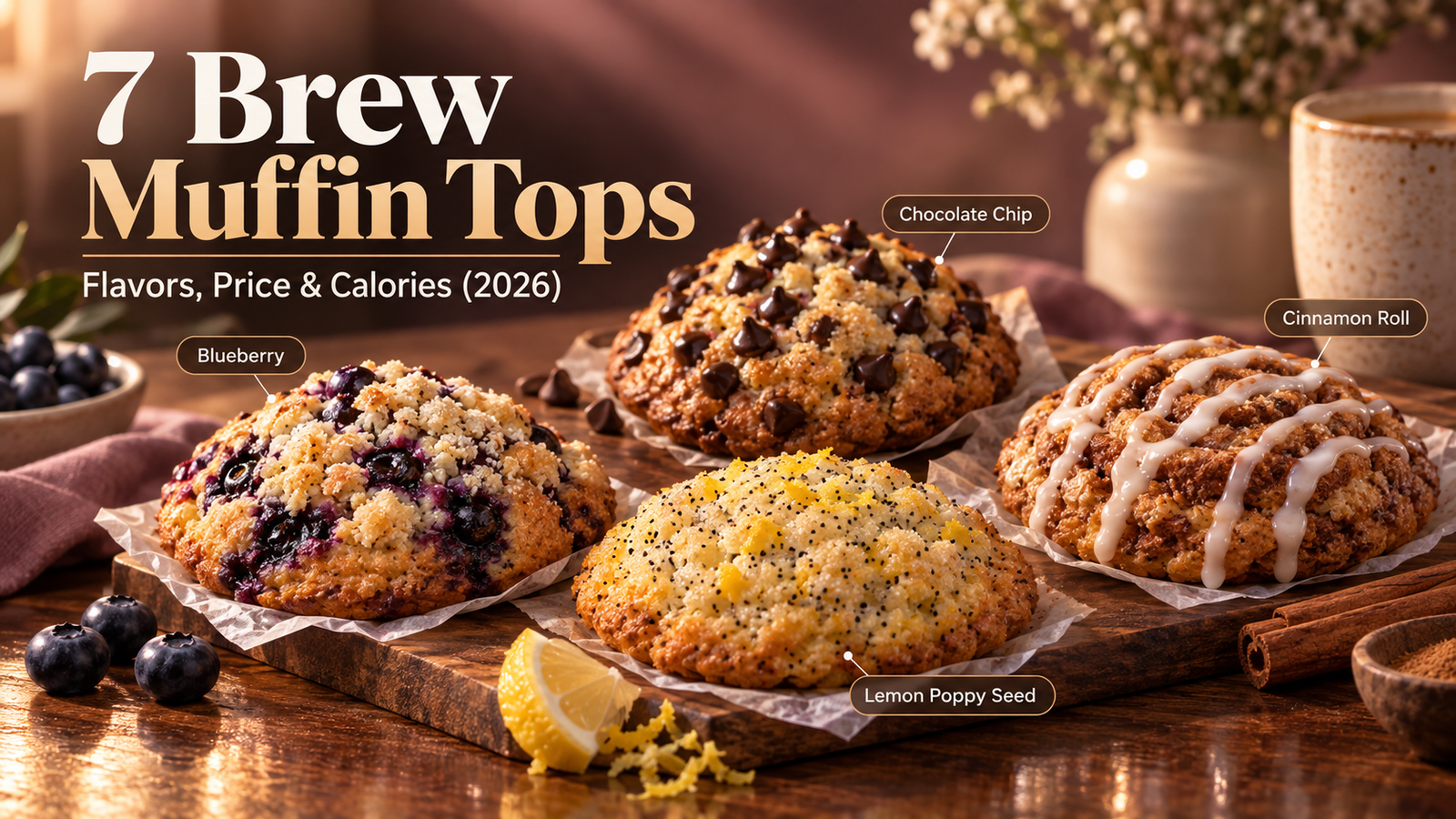 7 Brew muffin tops in blueberry, chocolate chip, lemon poppy seed and cinnamon roll flavors, with price and calories for 2026