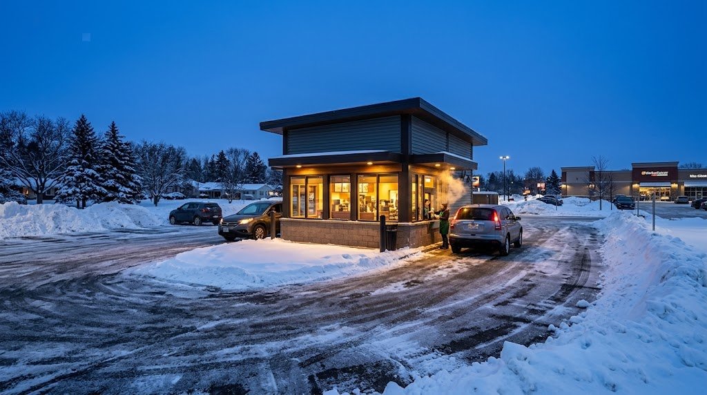 7 Brew Duluth MN style drive-thru coffee stand on a snowy Minnesota evening