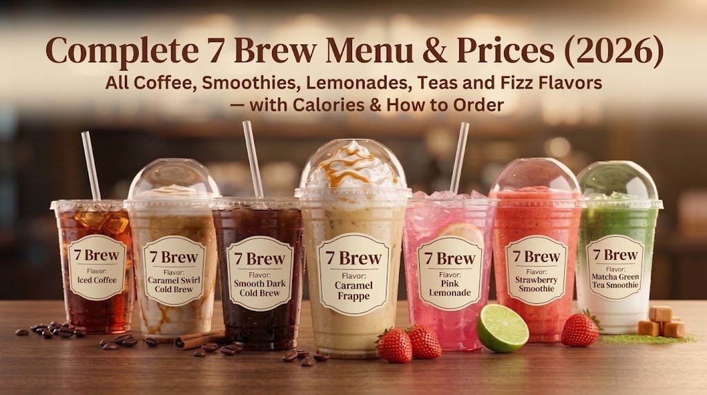 7 Brew menu with prices 2026 - coffee, cold brew, lemonade, smoothie and matcha drinks lined up