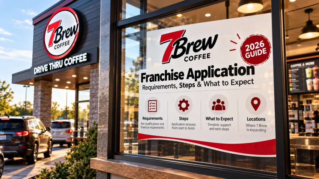 7 Brew franchise application 2026 guide sign showing requirements, steps, what to expect and locations at a 7 Brew drive-thru coffee stand