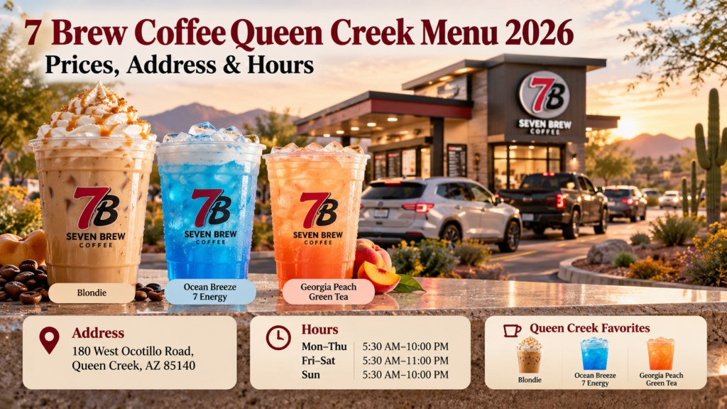 7 Brew Coffee Queen Creek Menu 2026: Prices, Address & Hours 1 7 Brew Coffee Queen Creek menu 2026 graphic with a Blondie, Ocean Breeze 7 Energy and Georgia Peach Green Tea, the 180 W Ocotillo Road address and typical hours