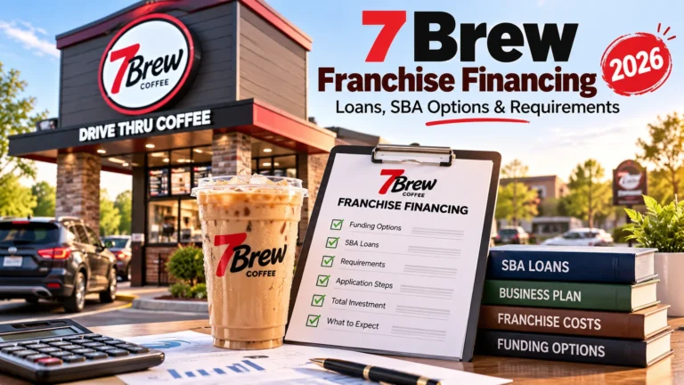 7 Brew franchise financing 2026 guide: checklist clipboard, iced coffee, calculator and SBA loan books in front of a 7 Brew drive-thru stand