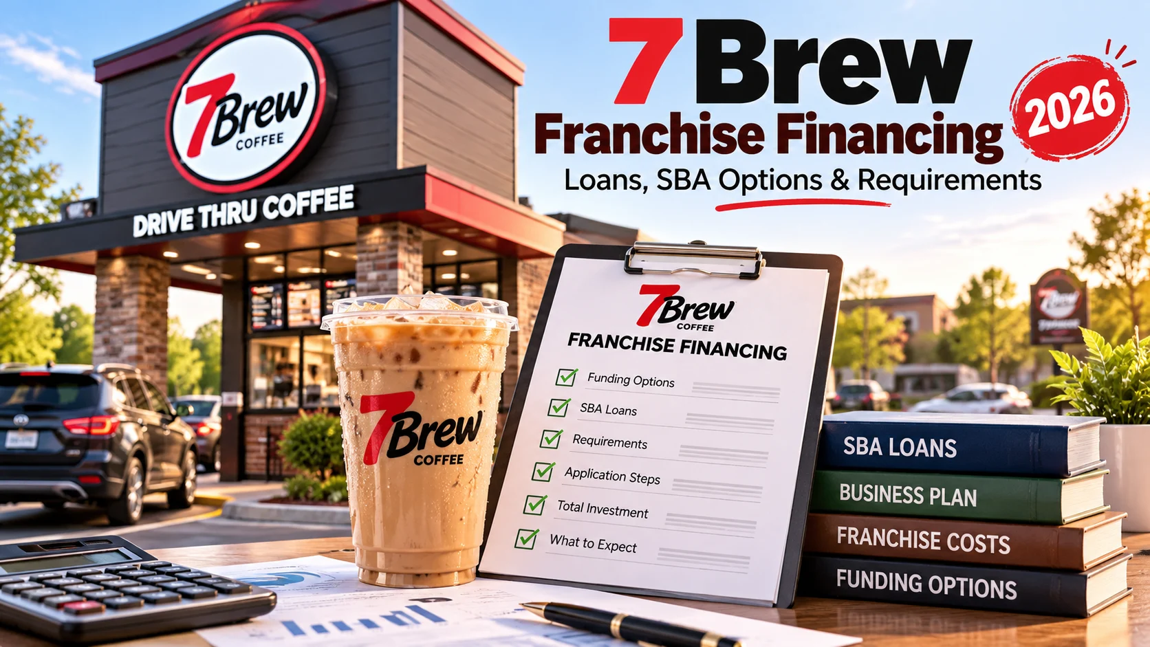 7 Brew Franchise Financing 2026: Loans, SBA & Requirements 1 7 Brew franchise financing 2026 guide: checklist clipboard, iced coffee, calculator and SBA loan books in front of a 7 Brew drive-thru stand
