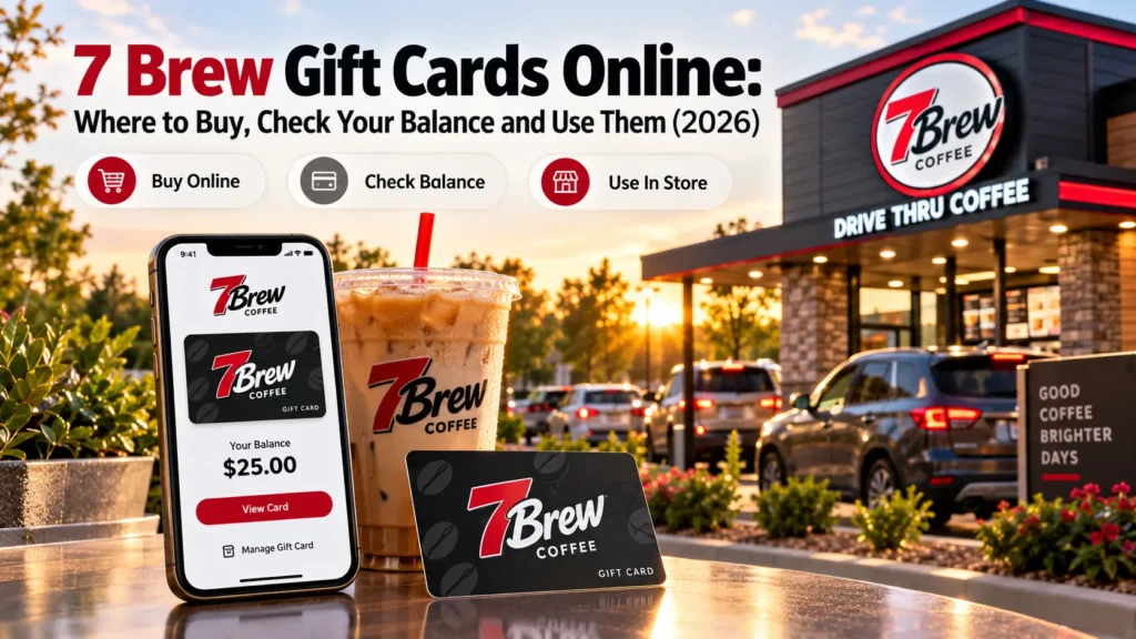 7 Brew gift cards online 2026: physical 7 Brew gift card and app showing a $25 balance next to an iced coffee at a 7 Brew drive-thru