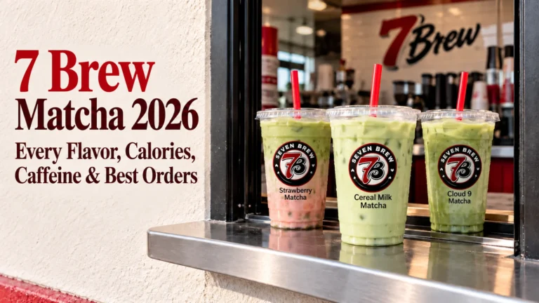 7 Brew matcha: iced Strawberry, Cereal Milk and Cloud 9 matcha lattes in Seven Brew cups on a 7 Brew drive-thru window