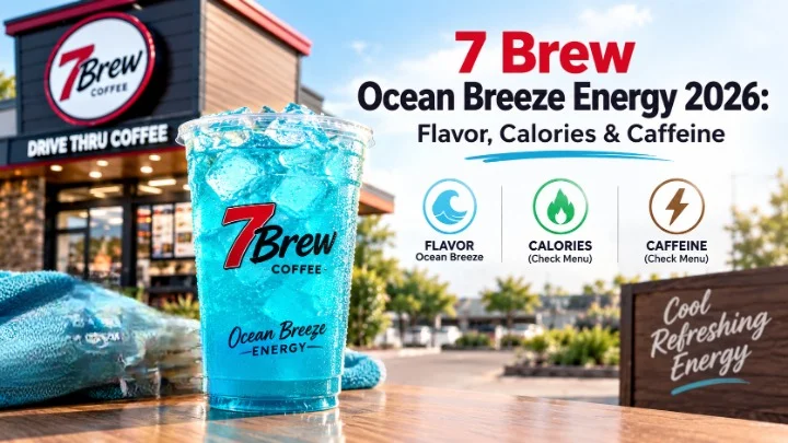 7 Brew Ocean Breeze energy drink: a bright blue iced 7 Energy in a 7 Brew cup outside a 7 Brew drive-thru coffee stand
