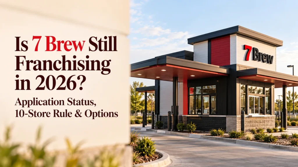 Is 7 Brew still franchising in 2026: a 7 Brew drive-thru stand with the article title, application status, 10-store rule and options