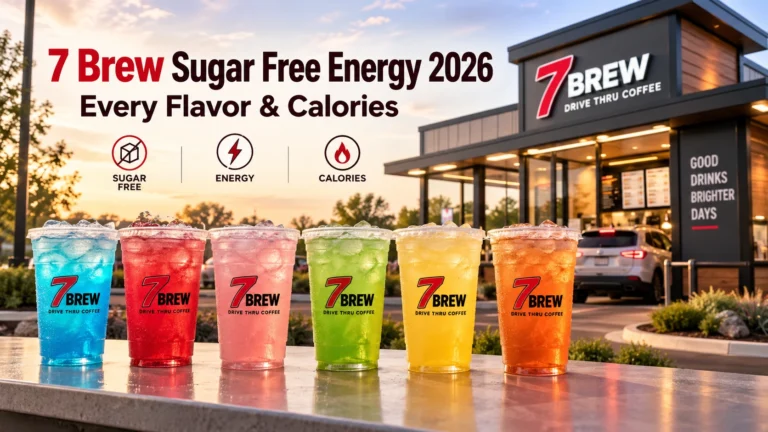 7 Brew sugar free energy 2026: six colorful iced 7 Energy drinks in blue, red, pink, green, yellow and orange lined up outside a 7 Brew drive-thru