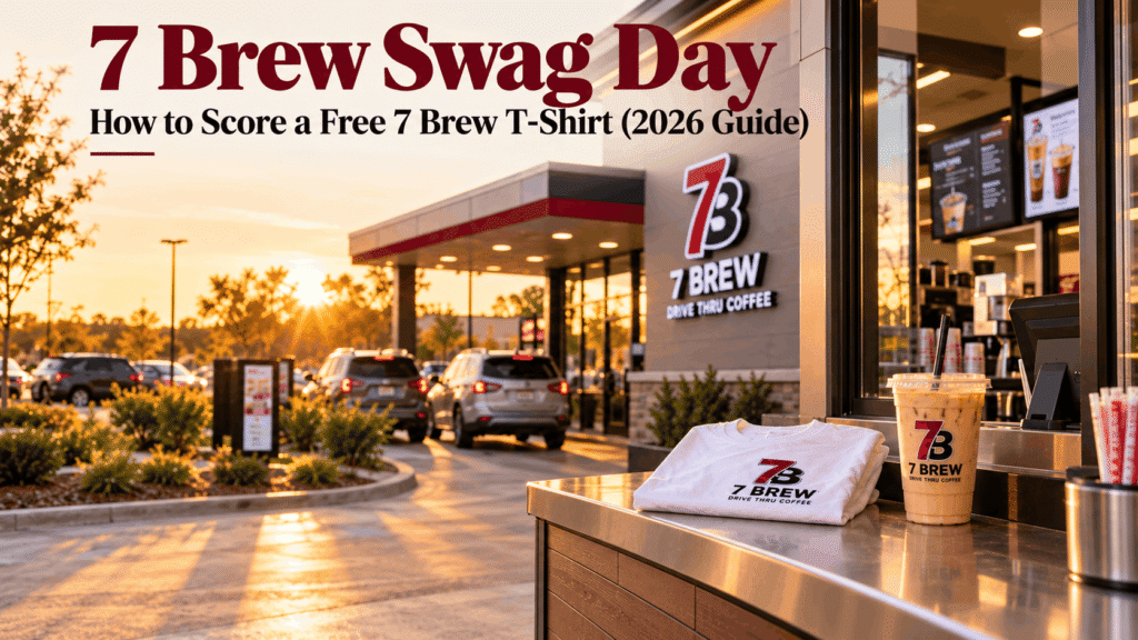 7 Brew Swag Day graphic with a free 7 Brew T-shirt, given with any large drink at a new stand grand opening