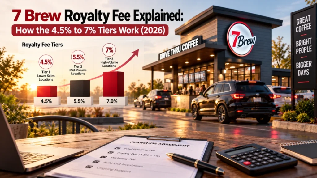 7 Brew Royalty Fee Explained: How the 4.5% to 7% Tiers Work (2026) 1 7 Brew royalty fee explained: the 4.5%, 5.5% and 7% royalty tiers based on weekly gross sales at a 7 Brew drive-thru stand