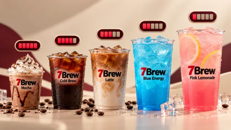 7 Brew caffeine guide 2026 comparing a mocha, cold brew, latte, blue energy drink and pink lemonade