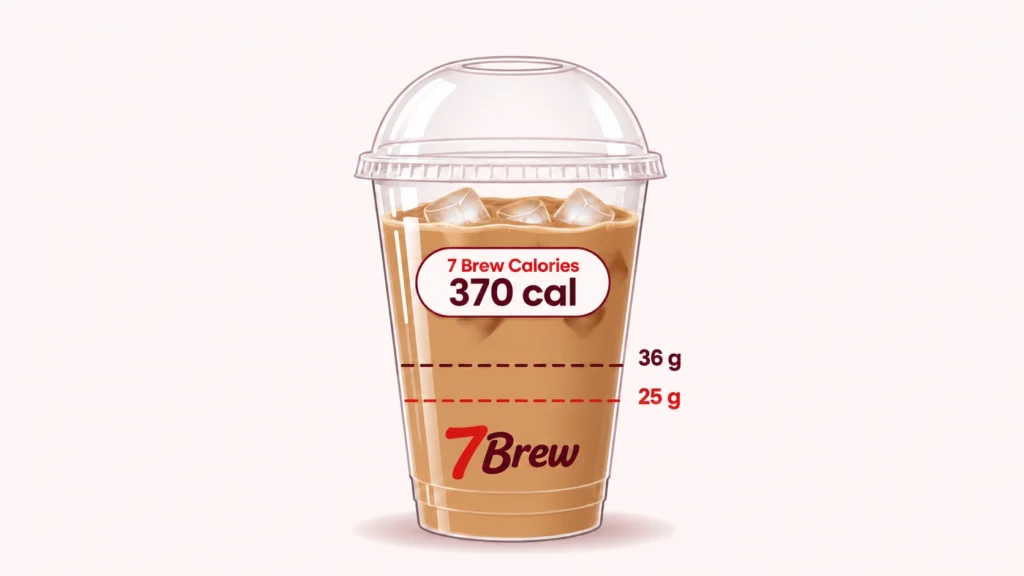7 Brew Calorie Calculator 1 7 Brew calorie calculator: clear iced coffee cup labeled 370 calories, with dashed lines for the 25 g and 36 g daily sugar limits
