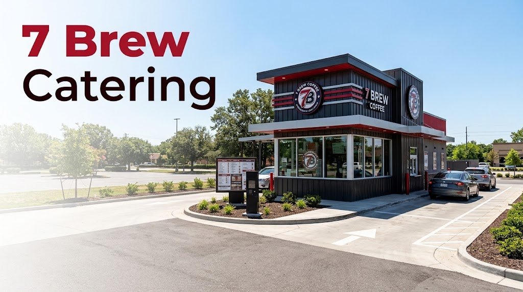 7 Brew Catering 2026: Is It Available, Menu & How to Order 1 7 Brew catering: a 7 Brew drive-thru coffee stand with its menu board and drive-thru lane, where you can ask about catering orders
