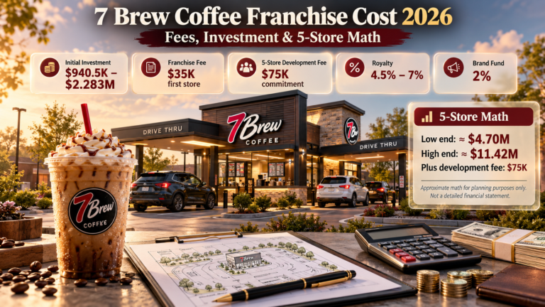 7 Brew Coffee Franchise Cost 2026: Fees, Investment & 5-Store Math 5 7 Brew coffee franchise cost 2026 infographic: $940.5K to $2.283M investment, $35K franchise fee, 4.5% to 7% royalty and 5-store math