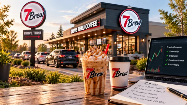 7Brew stock and ownership 2026: a 7 Brew drive-thru stand with notes on whether 7 Brew is public and who owns 7 Brew