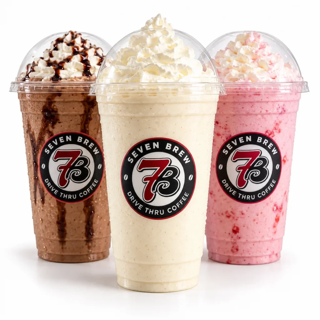 7 Brew milkshake illustration: three shakes topped with whipped cream in Seven Brew cups, one with a dark chocolate drizzle