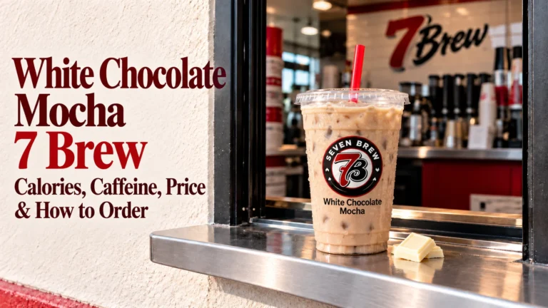 White Chocolate Mocha 7 Brew: an iced White Chocolate Mocha in a Seven Brew cup with a red straw and white chocolate pieces on a 7 Brew drive-thru window