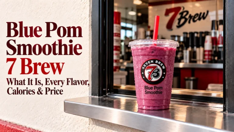 7 Brew Blue Pom smoothie: a pink-purple Blue Pom Smoothie in a Seven Brew cup with a red straw on a 7 Brew drive-thru window