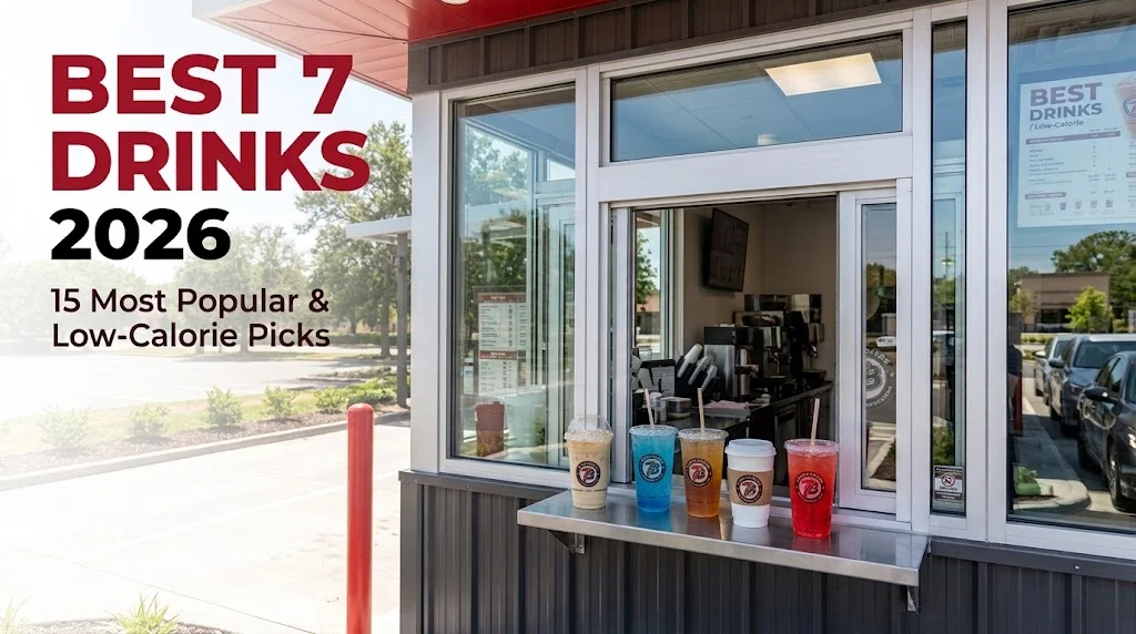 Best 7 Brew drinks 2026: an iced coffee and four colorful iced drinks lined up on a 7 Brew drive-thru window ledge