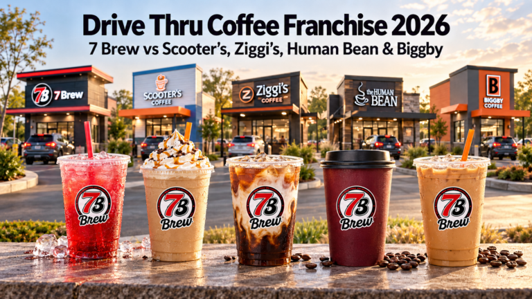 Drive thru coffee franchise 2026: 7 Brew, Scooter’s, Ziggi’s, The Human Bean and Biggby drive-thru stands with iced coffee drinks