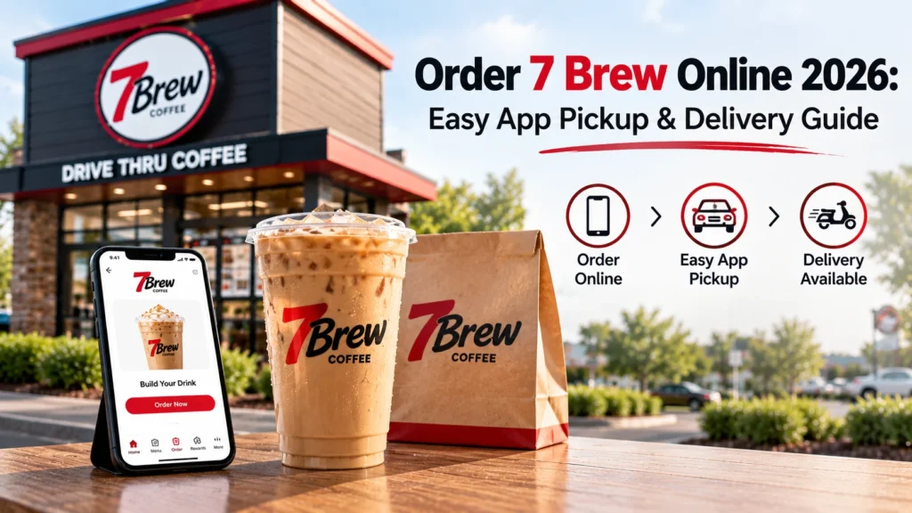 Order 7 Brew online: an iced 7 Brew coffee, a 7 Brew bag and the 7 Brew app on a phone in front of a 7 Brew drive-thru coffee stand