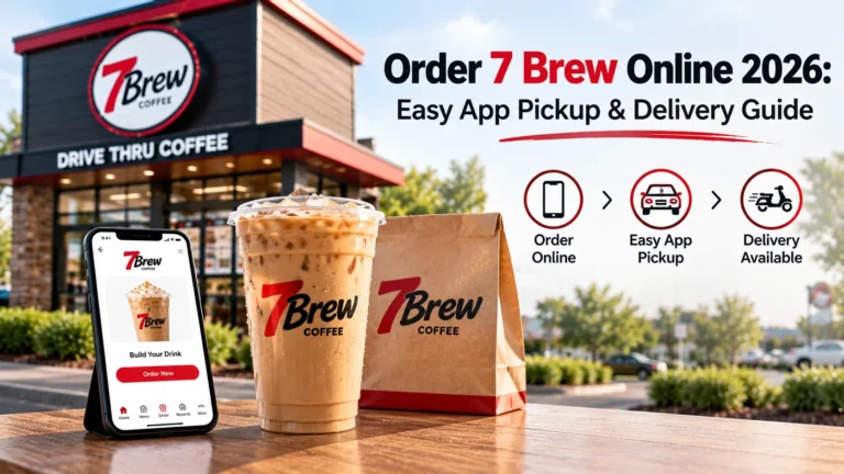 Order 7 Brew online: an iced 7 Brew coffee, a 7 Brew bag and the 7 Brew app on a phone in front of a 7 Brew drive-thru coffee stand