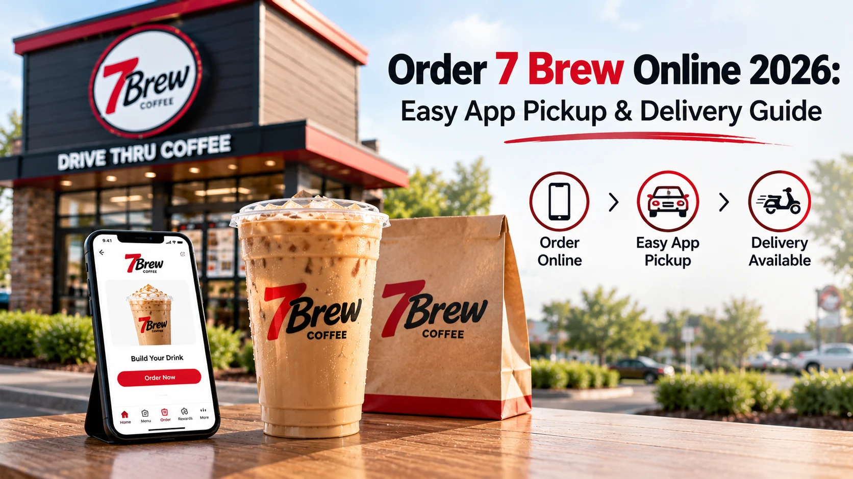 Order 7 Brew online: an iced 7 Brew coffee, a 7 Brew bag and the 7 Brew app on a phone in front of a 7 Brew drive-thru coffee stand