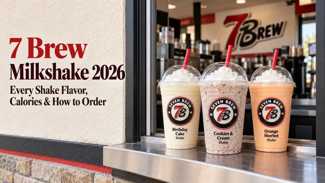 7 Brew milkshake flavors: Birthday Cake, Cookies & Cream and Orange Sherbet shakes topped with whipped cream in Seven Brew cups at a 7 Brew drive-thru window