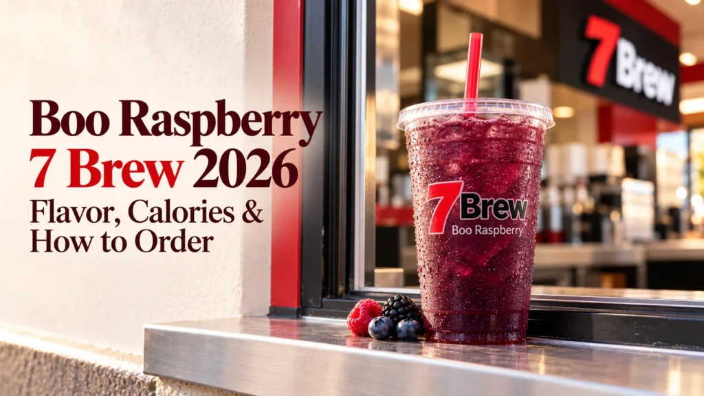Boo Raspberry 7 Brew smoothie: a frozen berry Blue Pom smoothie in a 7 Brew cup at a drive-thru window with raspberries, blackberries and blueberries