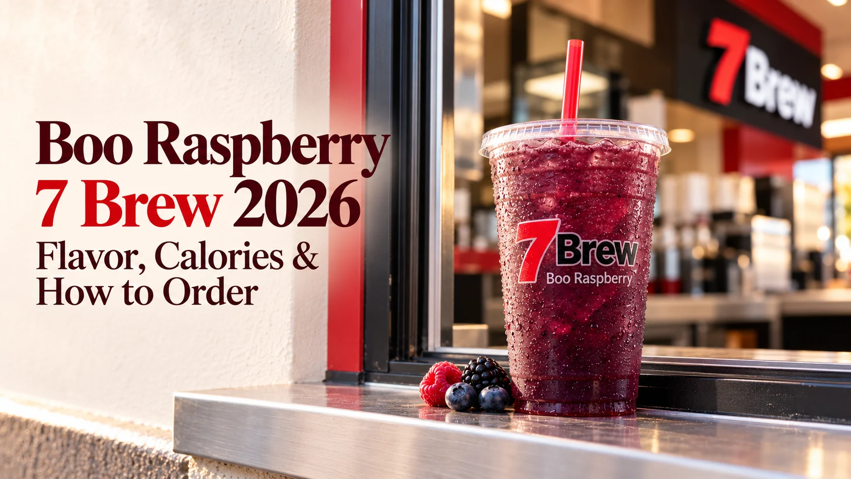 Boo Raspberry 7 Brew smoothie: a frozen berry Blue Pom smoothie in a 7 Brew cup at a drive-thru window with raspberries, blackberries and blueberries