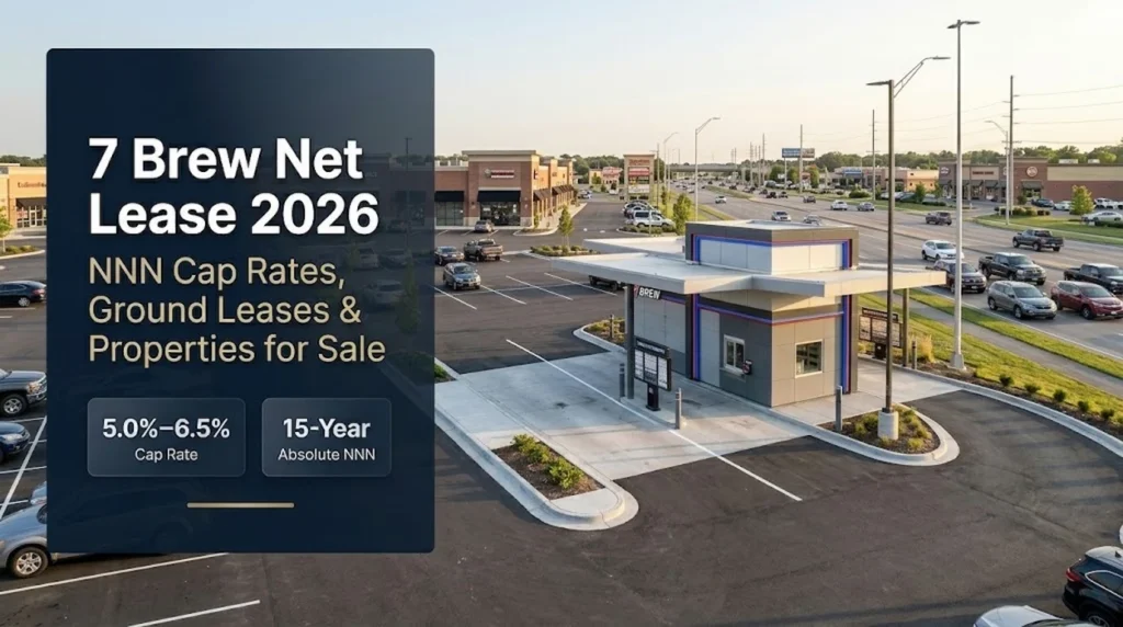 7 Brew Net Lease 2026: NNN Cap Rates, Ground Leases & Properties for Sale 2 7 Brew net lease 2026: a new drive-thru coffee stand on a ground lease lot, with NNN cap rate and 15-year absolute NNN lease details