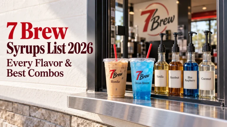 7 Brew Flavors List 2026: All 35 Syrups, Sugar-Free Options & Best Combos 5 7 Brew flavors and syrups list 2026: vanilla, hazelnut, blue raspberry and coconut syrup bottles next to an iced Blondie and an Ocean Breeze at a 7 Brew drive-thru window
