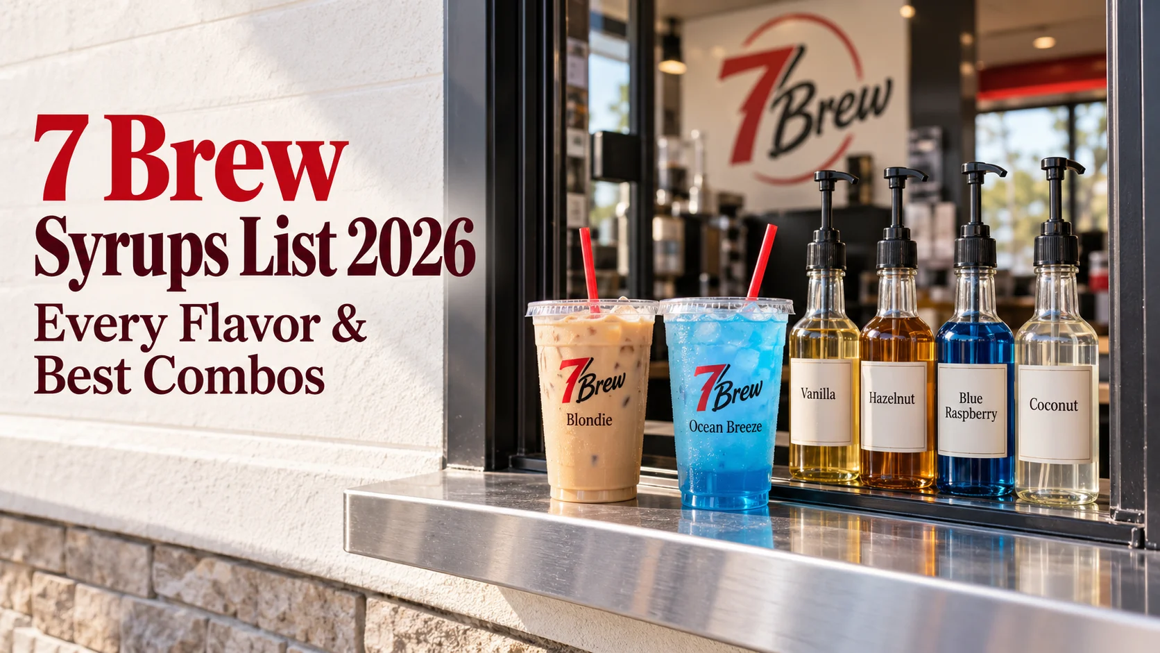 7 Brew Flavors List 2026: All 35 Syrups, Sugar-Free Options & Best Combos 1 7 Brew flavors and syrups list 2026: vanilla, hazelnut, blue raspberry and coconut syrup bottles next to an iced Blondie and an Ocean Breeze at a 7 Brew drive-thru window