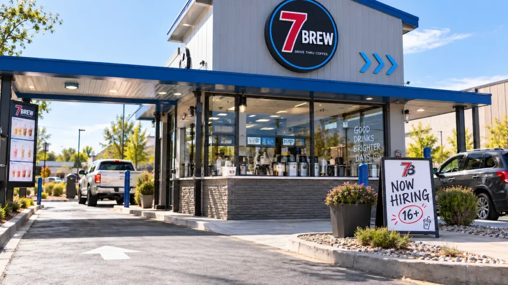 How old to work at 7 Brew: a 7 Brew drive-thru coffee stand with a Now Hiring 16+ sign out front