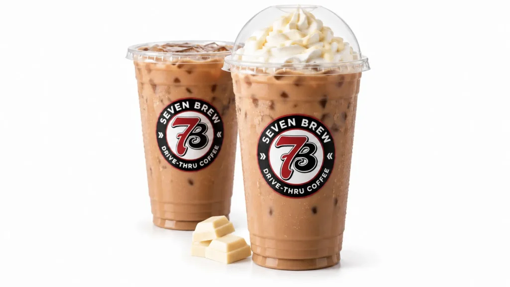 7 Brew White Chocolate Mocha illustration: two iced white chocolate mochas in Seven Brew cups, one topped with whipped cream and white chocolate drizzle, next to white chocolate pieces