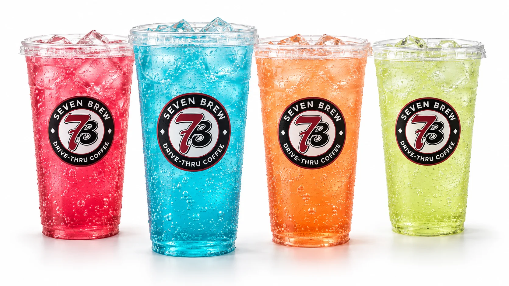 7 Brew Fizz Flavors 2026: Every 7 Fizz Soda, Calories & Caffeine 1 7 Brew fizz flavors illustration: four colorful 7 Fizz sodas with ice and bubbles in Seven Brew cups, in red, blue, orange and green