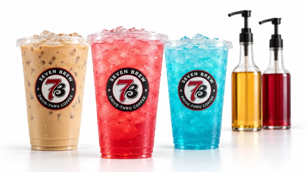 7 Brew Flavors List 2026: All 35 Syrups, Sugar-Free Options & Best Combos 2 7 Brew flavors illustration: an iced coffee, a red soda and a blue soda in Seven Brew cups next to two flavor syrup pump bottles