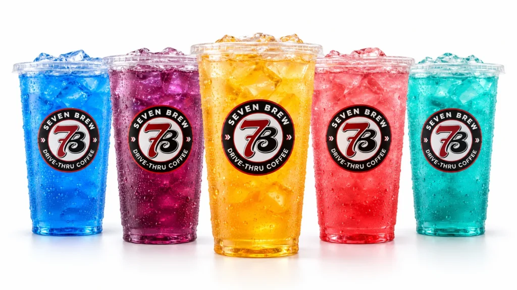 7 Brew energy drinks illustration: five iced 7 Energy drinks in Seven Brew cups in blue, purple, yellow, red and teal