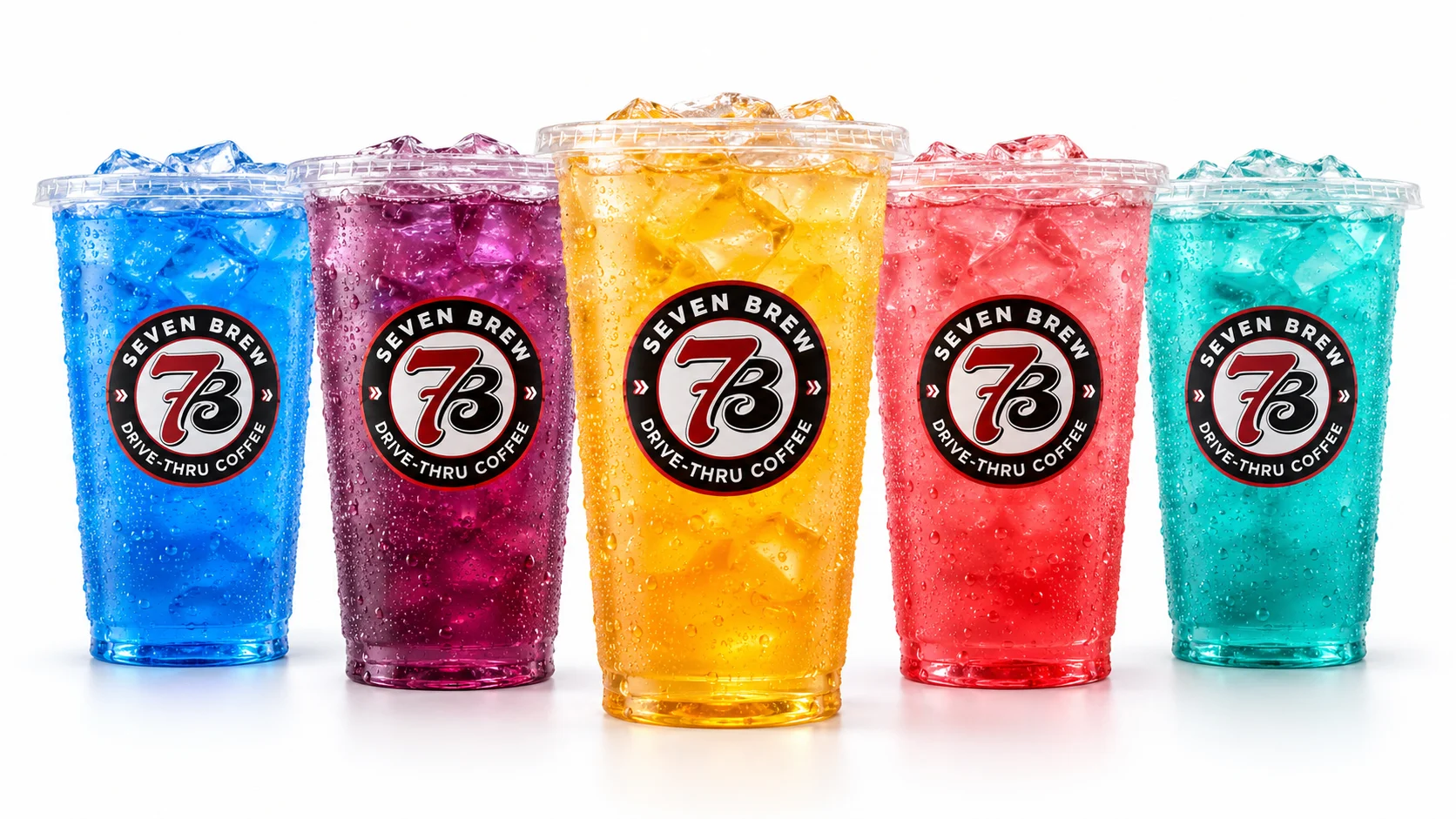 7 Brew energy drinks illustration: five iced 7 Energy drinks in Seven Brew cups in blue, purple, yellow, red and teal