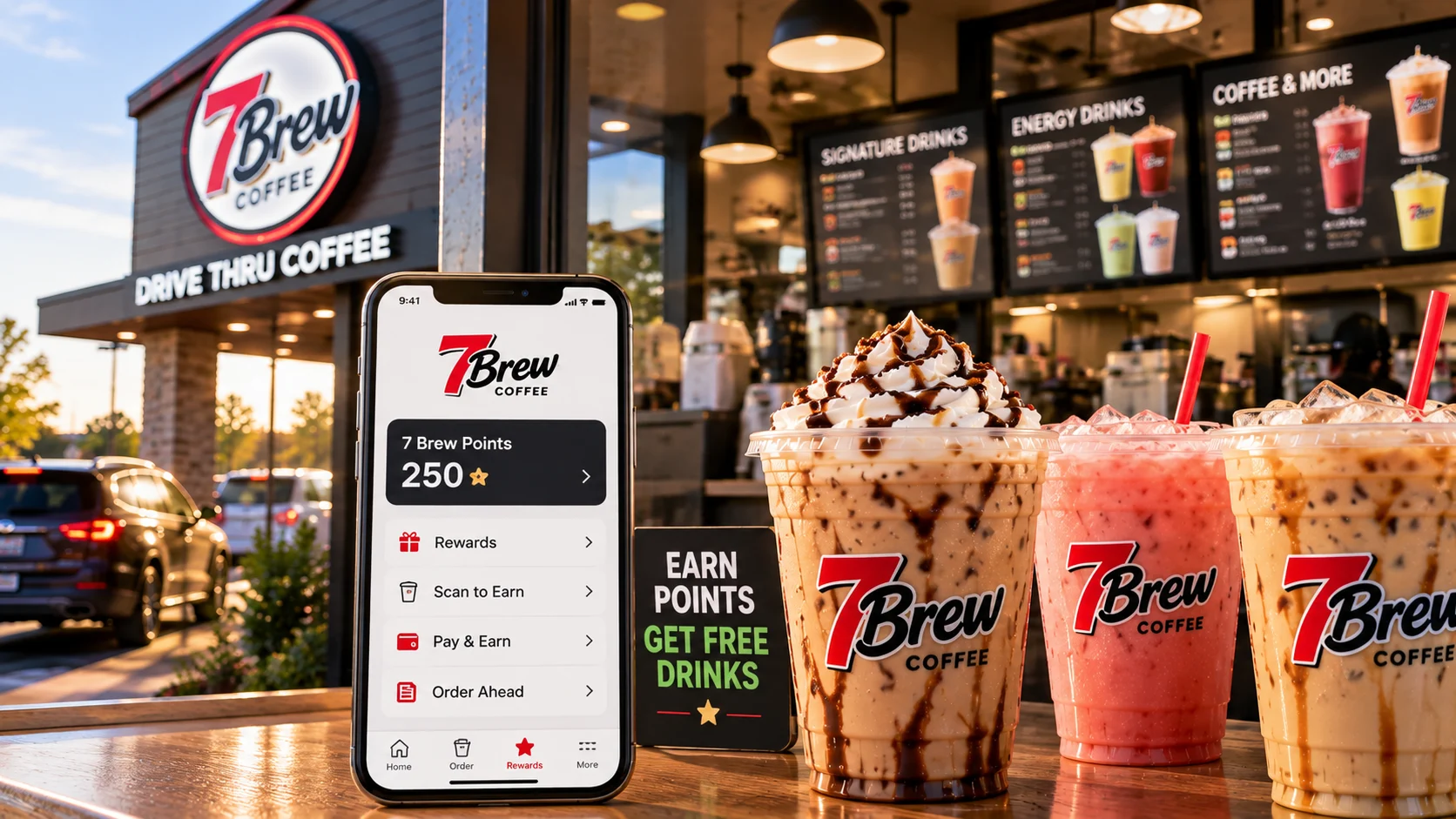 7 Brew points in the rewards app at a drive-thru stand, with signage to earn points and get free drinks