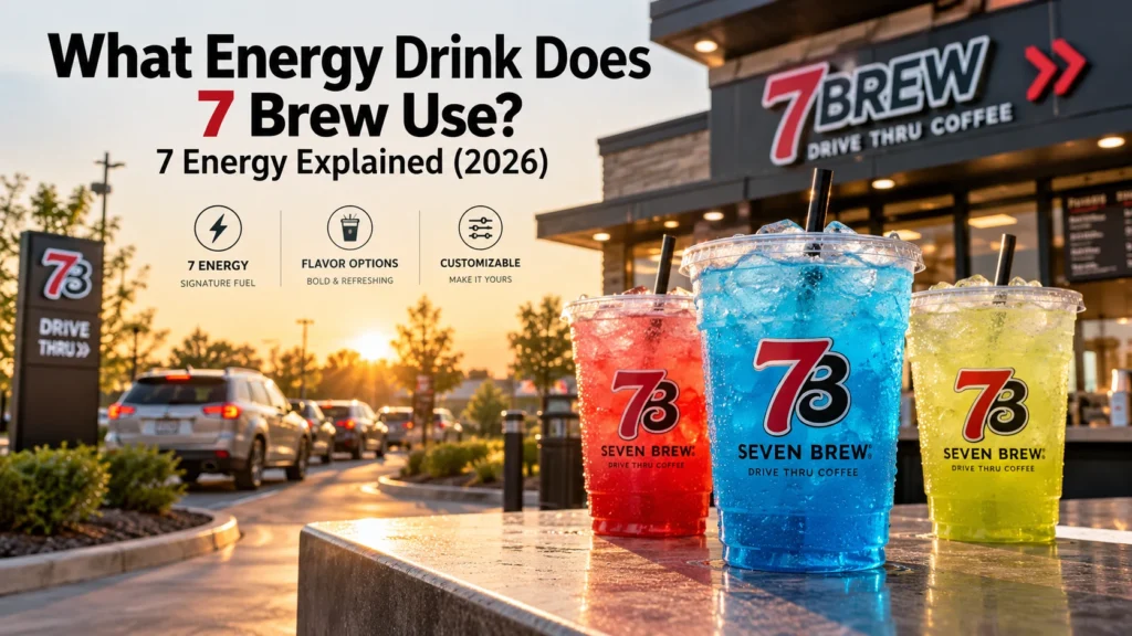 What energy drink does 7 Brew use: three iced 7 Energy drinks in red, blue and green at a 7 Brew drive-thru stand